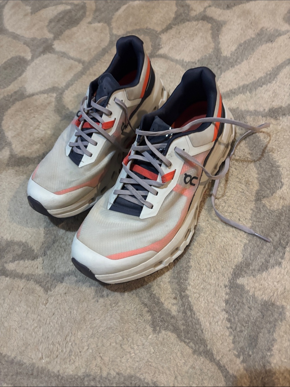 On Running Cloud Men’s Athletic Shoes — White with Coral and Navy